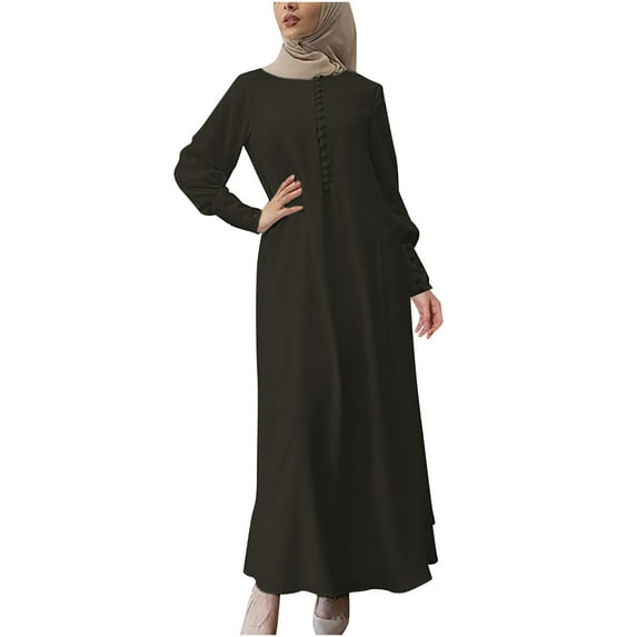 Fesfesfes Women Dress Loose Casual Dress Foundation Solid Color Large Dress Round Neck Long Sleeve Dress Clothes Sale