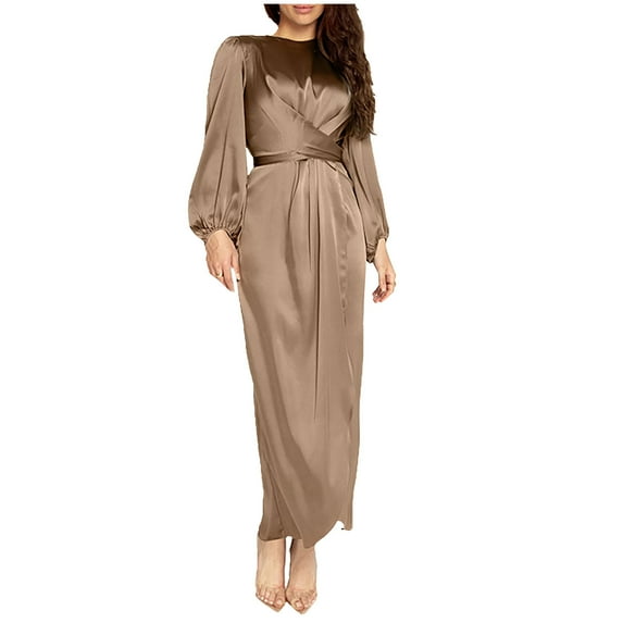 Fesfesfes Women Dress Loose Robe Casual Dress Foundation Solid Color Large Dress Round Neck Long Sleeve Dress