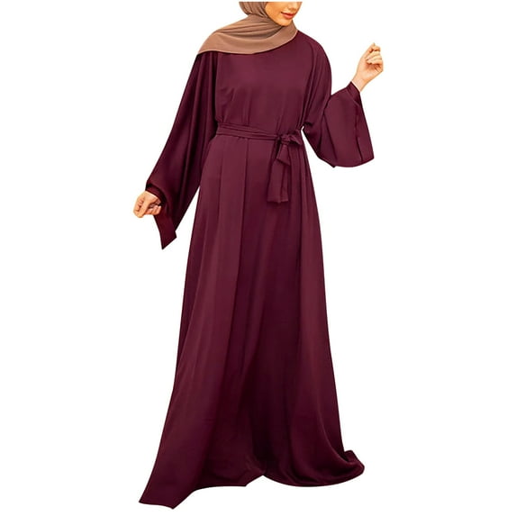 Fesfesfes Women Dress Loose Robe Casual Dress Foundation Solid Color Large Dress Round Neck Long Sleeve Dress Plus Size $10