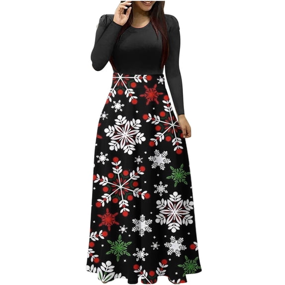Fesfesfes Women Dress Plus Size Christmas Print Long Sleeve Round-neck Ankle-Length Long Dress Under $10