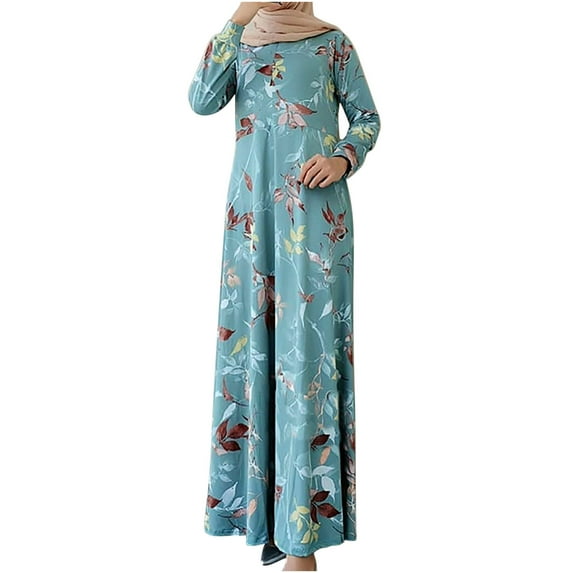 Fesfesfes Women Dress Round Neck Print Loose Long Sleeve Ankle-Length Dress Long Dress