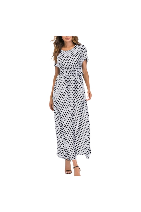 Women Dress Round Neck Short Sleeve Beach Polka Dot Bandage Long Maxi Dress Tops on