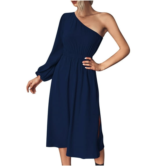 Fesfesfes Women Dress Off Shoulder Solid Color Long Sleeve Elastic Waist Long Dress Plus Size $10
