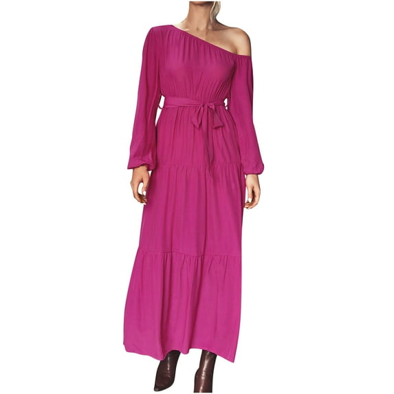 Fesfesfes Women Dress Off Shoulder Solid Color Long Sleeve Lacing Long Dress