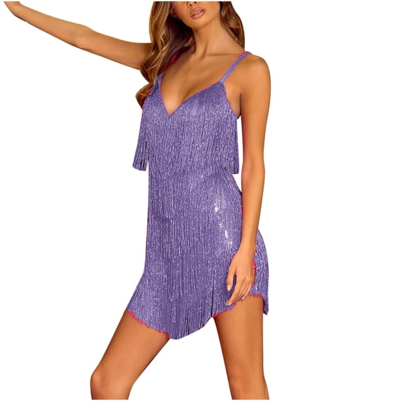 Fesfesfes Women Dress V-Neck Solid Color Tassel Sleeveless Dress Short Skirt or