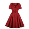 thumbnail image 1 of Fesfesfes Women Dress Short Sleeve Square Neck Retro Solid Color High Waist Belt Button Makings Dress Plus Size $10, 1 of 3