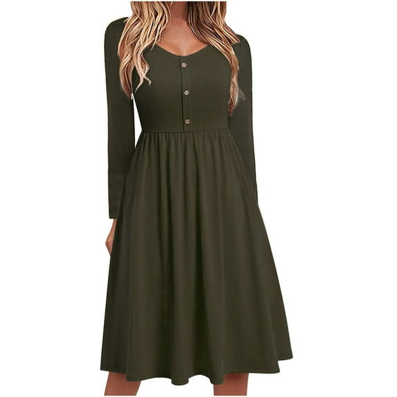 Fesfesfes Women Dress Slim Fit Comfortable Button V-Neck Solid Color Casual Dress Under $10