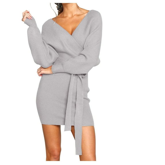 Fesfesfes Women Dress Solid Color Sexy Lace Up V Neck Bag Hip Long Sleeved Dress or