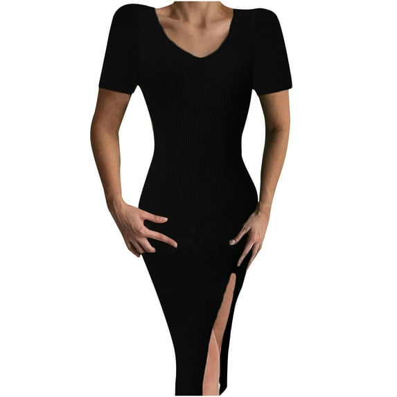 Fesfesfes Women Dress Solid Color Sexy Short Sleeve Knitting Split Dress Clearance