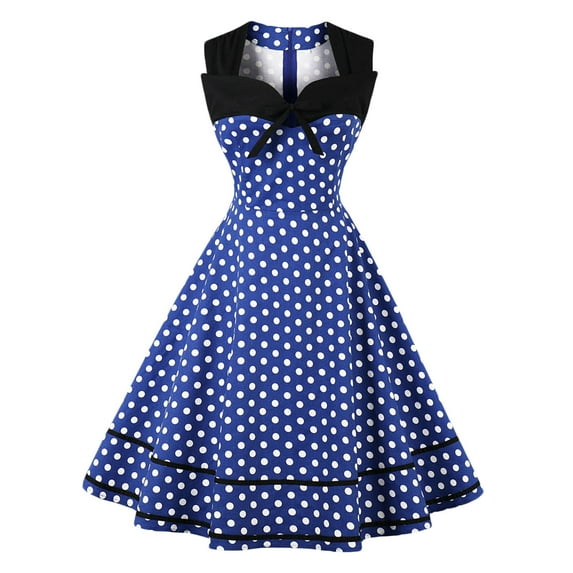Fesfesfes Women Dress Solid Sleeveless Square Neck Bow Polka Dot Vintage Dress Clearance