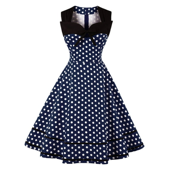 Fesfesfes Women Dress Solid Sleeveless Square Neck Bow Polka Dot Vintage Dress Clothes Sale