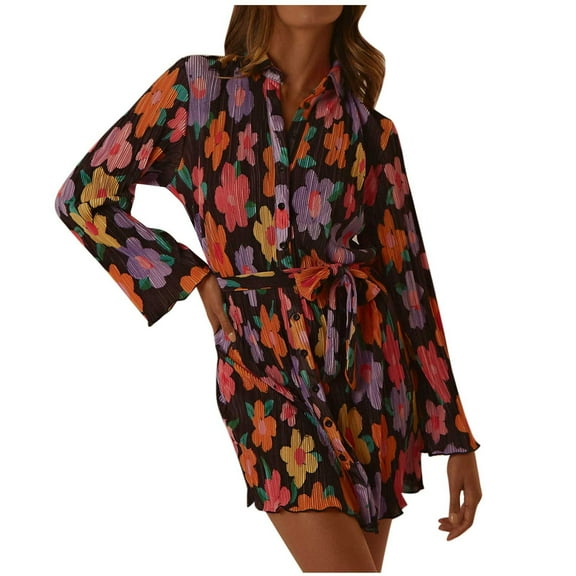 Fesfesfes Women Dress Spring And Fall Casual V-Neck Lapel Flower Print Lace-Up Single-Breasted Cardigan Long-Sleeve Dress