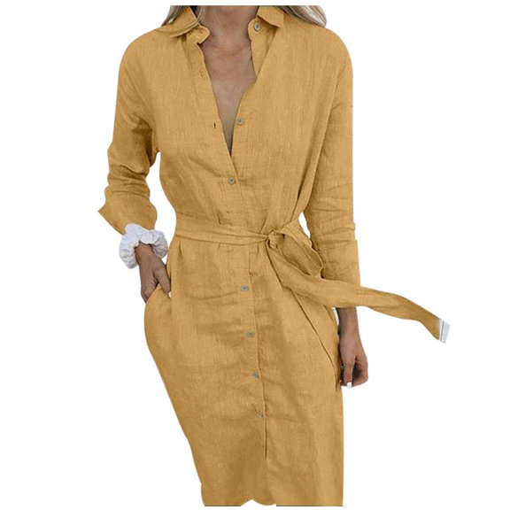 Fesfesfes Women Dress Spring And Fall Casual V-neck Lapel Solid Color Button Lace-Up Long Shirt Dress Tops on