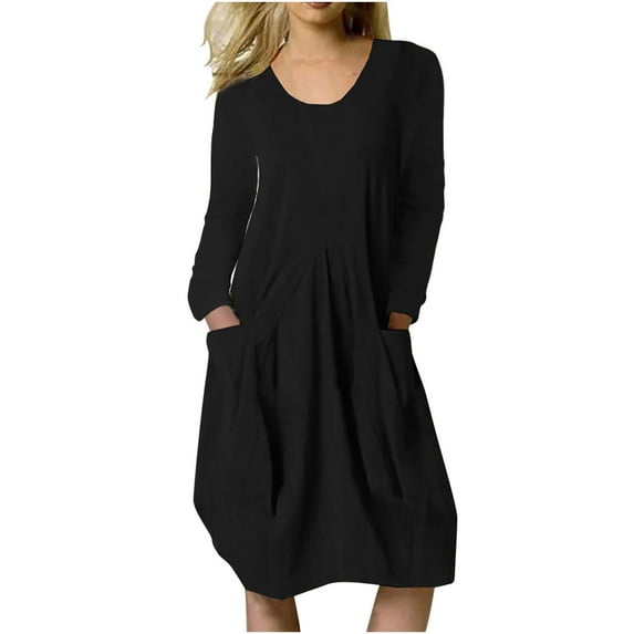 Fesfesfes Women Dress Spring And Fall Round Neck Cotton Linen Loose Casual Solid Color Long Sleeve Pocket Dress Clothes Sale