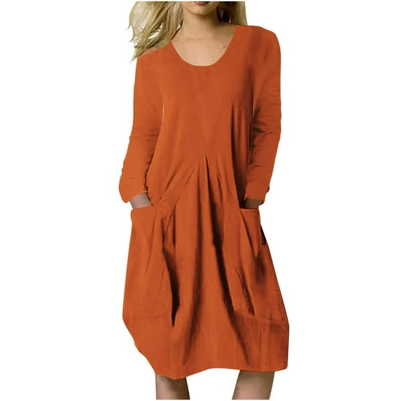 Fesfesfes Women Dress Spring And Fall Round Neck Cotton Linen Loose Casual Solid Color Long Sleeve Pocket Dress or
