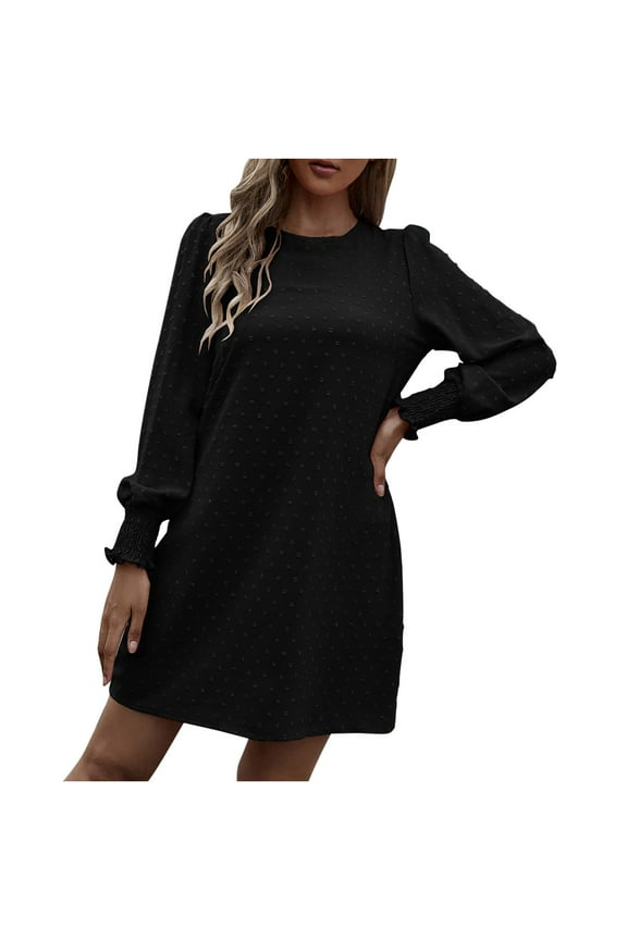 Women Dress Spring And Fall Round Neck Dots Solid Color Long Sleeve Closed Temperament Dress
