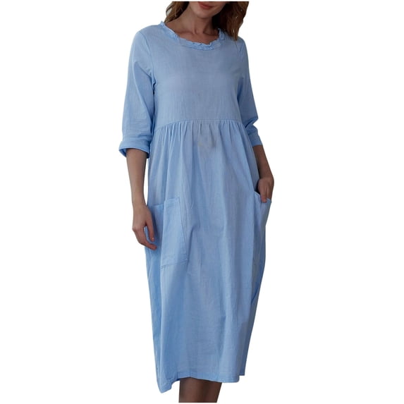 Fesfesfes Women Dress Spring And Fall Solid Color Three-Quarter Sleeve Fungus Edge Round Neck Casual Loose Pocket Dress Clothes Sale