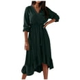 thumbnail image 1 of Fesfesfes Women Dress Spring And Fall V-Neck Solid Color Long-Sleeved Temperament Lace-Up Waist Slim Fit Ruffles Skirt Dress Tops on, 1 of 9