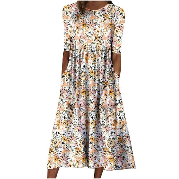 Fesfesfes Women Dress Spring Casual Round Neck Half Sleeve Floral Printed Dresses With Pocket