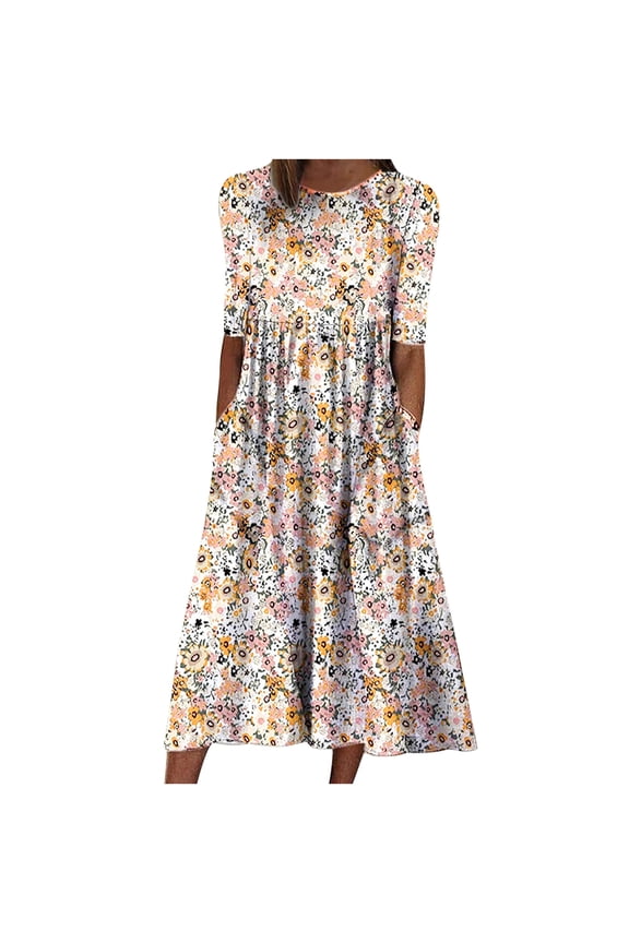 Women Dress Spring Casual Round Neck Half Sleeve Floral Printed Dresses With Pocket or