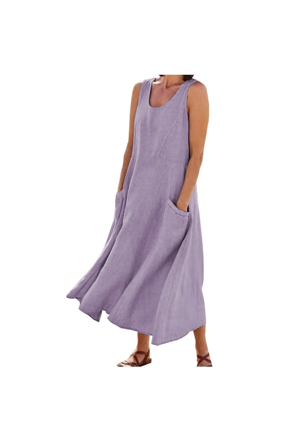 Women Dress Spring Casual Solid Color Sleeveless Cotton Linen Long Dress Plus Size $10