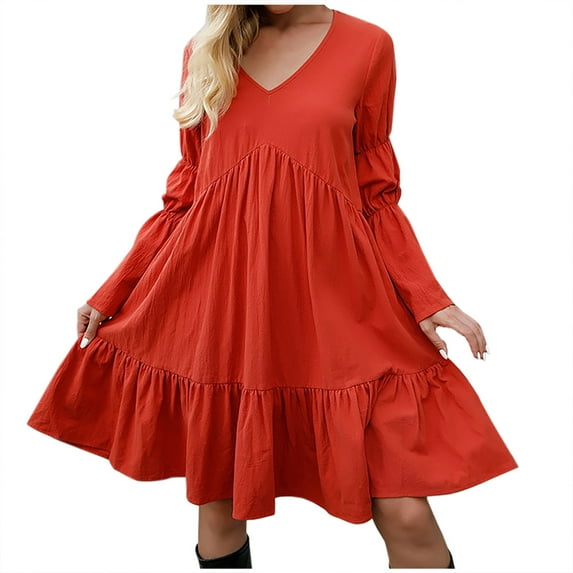 Fesfesfes Women Dress Spring Casual V-Neck Solid Long Sleeve Ruffle Mini Dress