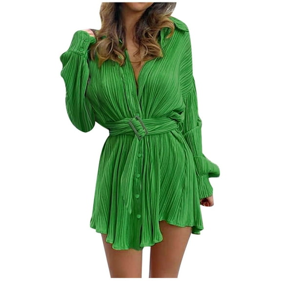 Fesfesfes Women Dress Spring Fall Casual V-Neck Lapel Solid Color Belt Pleated Button Shirt Dress Clothes Sale