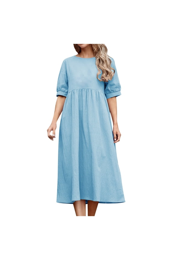 Women Dress Spring Round Neck Short Sleeve Solid Color Loose Dress