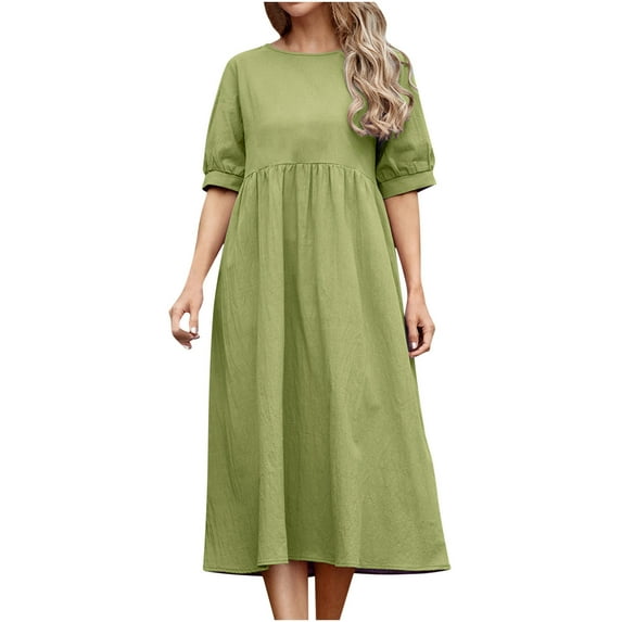 Fesfesfes Women Dress Spring Round Neck Short Sleeve Solid Color Loose Dress or