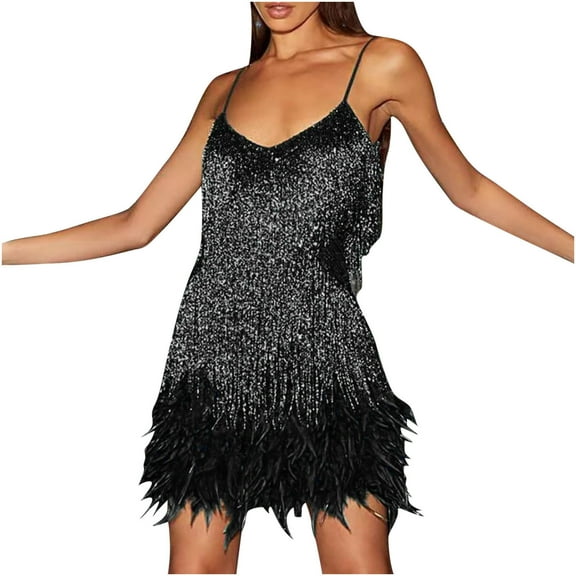 Fesfesfes Women Dress Suspender Crewneck Sequin Feather Sleeveless Solid Mini Dress Party Dress Plus Size $10