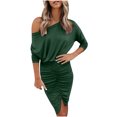 thumbnail image 1 of Fesfesfes Women Dress Temperament Solid Color Long Sleeves V-Neck Irregular Ruffled Dress, 1 of 7