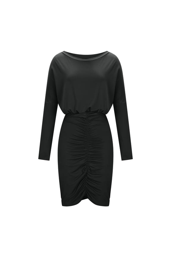 Women Dress Temperament Solid Color Long Sleeves V-Neck Irregular Ruffled Dress Under $10