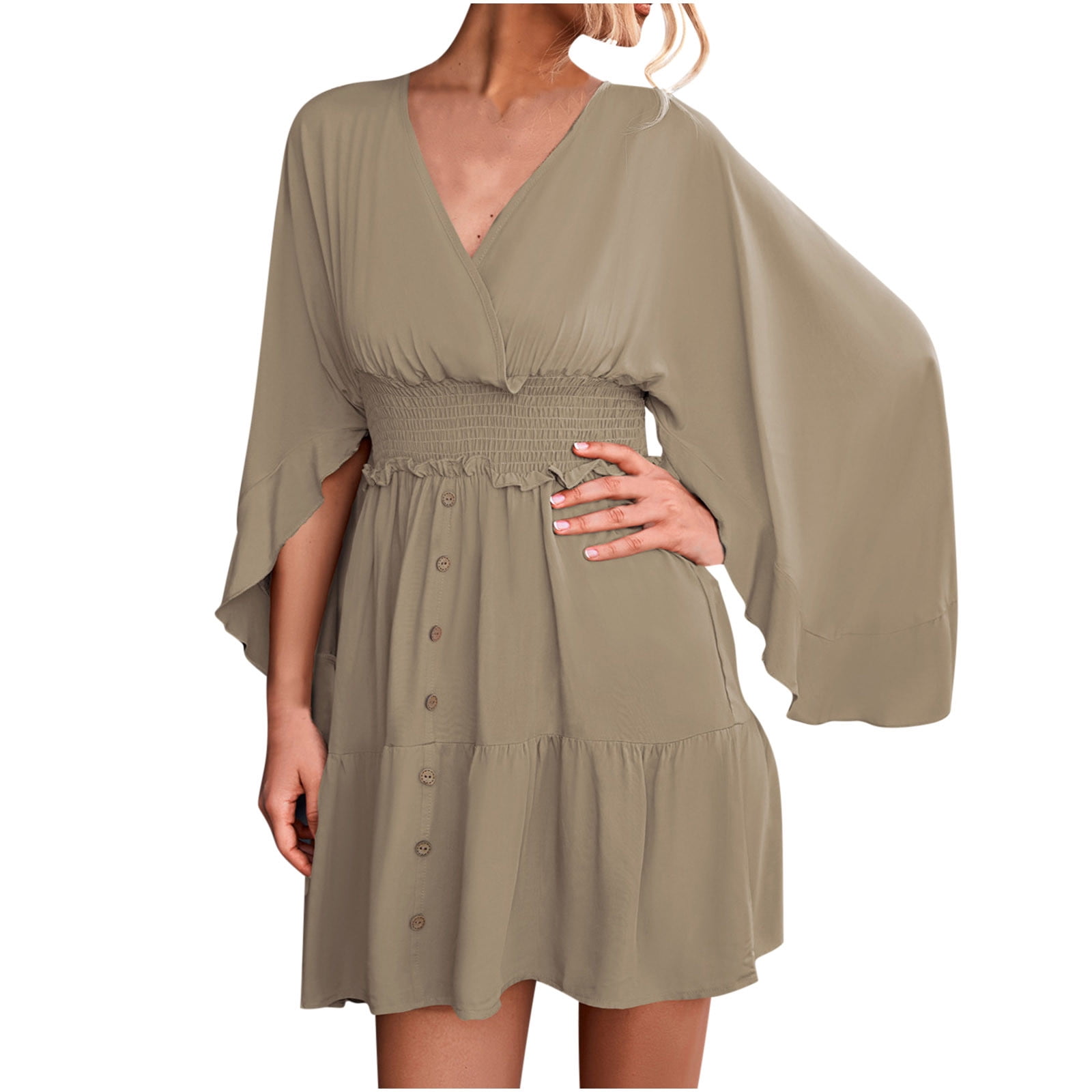 Sexy Solid Color Buttons Ruffle V Neck Irregular Dresses Sexy Solid Color Buttons Ruffle V Neck Irregular Dresses