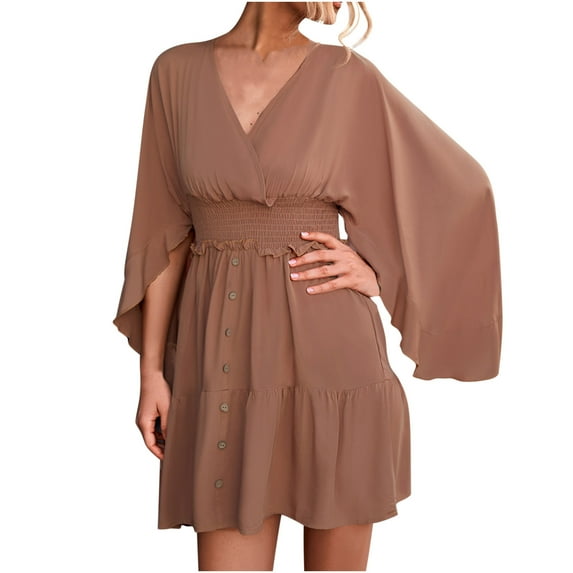 Fesfesfes Women Dress V-Neck Ruffled Long-Sleeved Solid Color Button Irregular Backless Lace-Up Dress Tops on