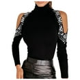 thumbnail image 1 of Fesfesfes Women Dressy Tops Solid Color Cold Shoulder Long Sleeve Tops Turtleneck Rhinestone Shirt Tops, 1 of 7