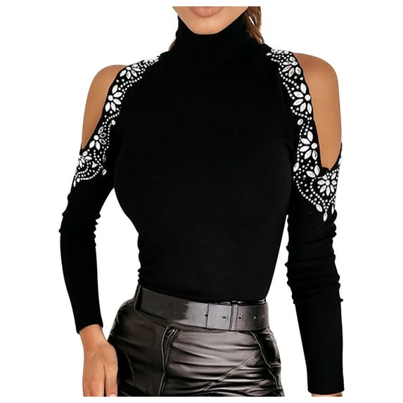 Fesfesfes Women Dressy Tops Solid Color Cold Shoulder Long Sleeve Tops Turtleneck Rhinestone Shirt Tops