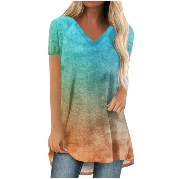 Fesfesfes Women Essentials Women's Fashion Gradient Printed Blouse V-neck Short Sleeve Loose T-shirt Tops Womens Short Sleeve Workout Tops M(US:6)