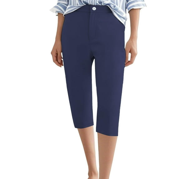 Fesfesfes Women' Fashion Pants Summer Casual Solid Color Elastic Waistband with Drawstring Shorts Pockets Outdoor Beach Short Trousers(Navy#2,L)