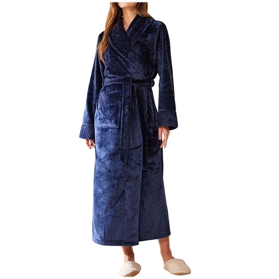 Fesfesfes Women Flannel Bathrobe Long Sleeve Robe with Pockets Belt Soft Cozy Fleece Loungewear for Home Relaxation Spa Morning Wear Winter Warm Robe