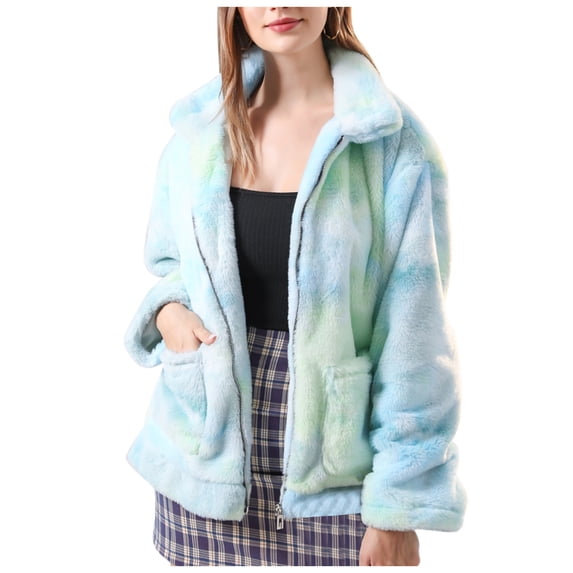 Fesfesfes Women Flannel Coat Long Sleeve Tie-Dye Pocket Zipper Lapel Sweatshirt Plush Fleece Jacket