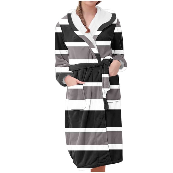 Fesfesfes Women Flannel Hooded Pajama Set Long Sleeve Printed Loungewear Soft Cozy Sleepwear with Pocket Home Wear Robe Bathrobe with Belt for Women Ladies(Black#1,M)