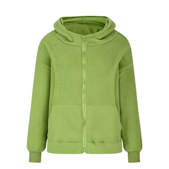 Fesfesfes Women Flannel Jacket Loose Age Reducing Cute Ear Hooded Lamb Wool Coat Thickened Winter Zipper Coat