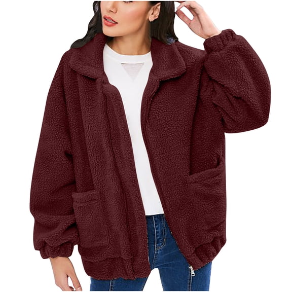 Fesfesfes Women Flannel Jacket Plush Top Solid Color Loose Versatile Pocket Coat Long Sleeve Hooded Casual Coat/Jacket
