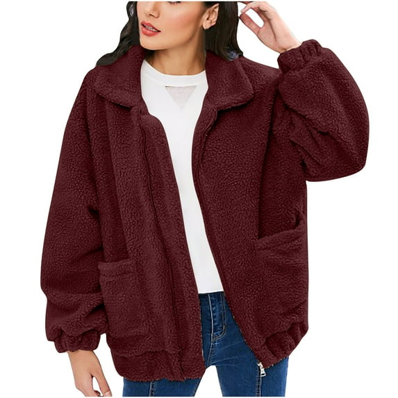Fesfesfes Women Flannel Jacket Plush Top Solid Color Loose Versatile Pocket Coat Long Sleeve Hooded Casual Coat/Jacket