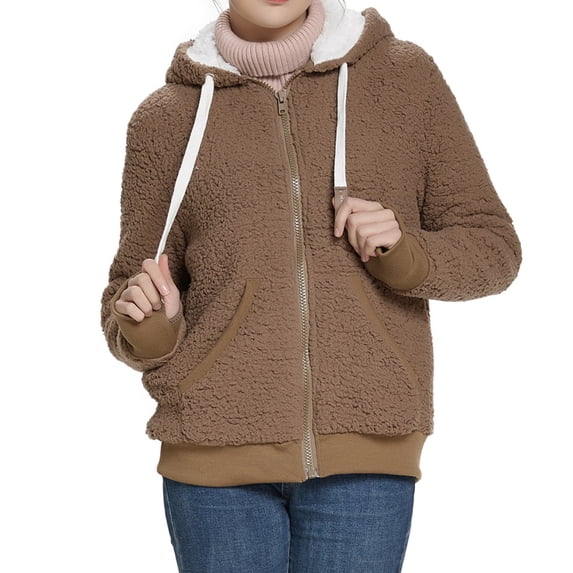 Fesfesfes Women Flannel Jacket Winter Warm Solid Teddy Fleece Hooded Casual Coat Hooded Jacket Outwear On Sale