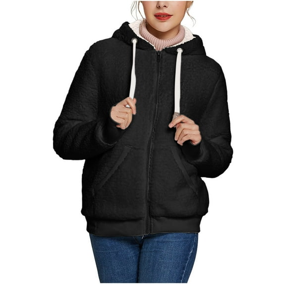 Fesfesfes Women Flannel Jacket Winter Warm Solid Teddy Fleece Hooded Casual Coat Hooded Jacket Outwear