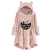 Fesfesfes Women Flannel Shirt Casual Christmas Printing Plush Buttons Long Sleeved Hooded Plush Coat Top On Sale
