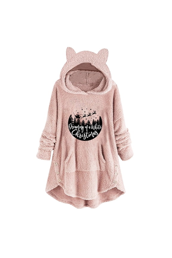 Women Flannel Shirt Casual Christmas Printing Plush Buttons Long Sleeved Hooded Plush Coat Top On Sale