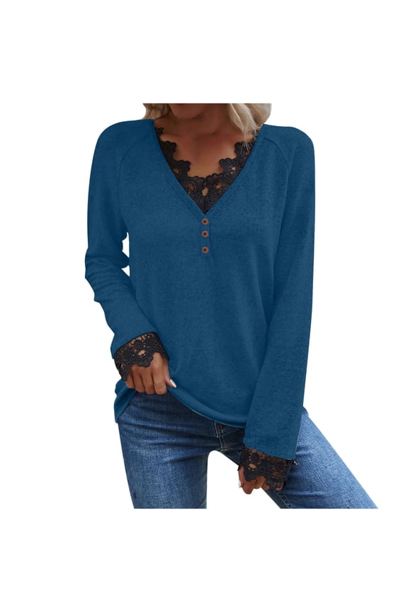 Women Flannel Shirt Fashion Casual Long Sleeve Lace Panel Button Solid V-Neck Top Blouse Under $10