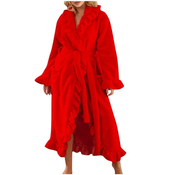 Fesfesfes Women Fleece Bathrobe Long Sleeve Plush Robe with Pockets Waist Cozy Loungewear Soft Winter Robe Warm Cardigan Style Bathrobe for Home Relaxation Spa Hotel(Red,S)